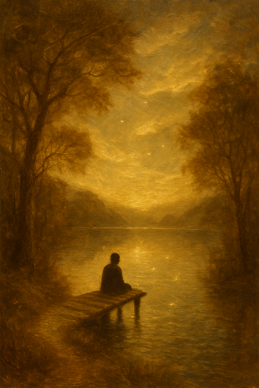 Una persona reflexionando junto a un lago en calma, representando las preguntas profundas que inspira El Ermitaño.