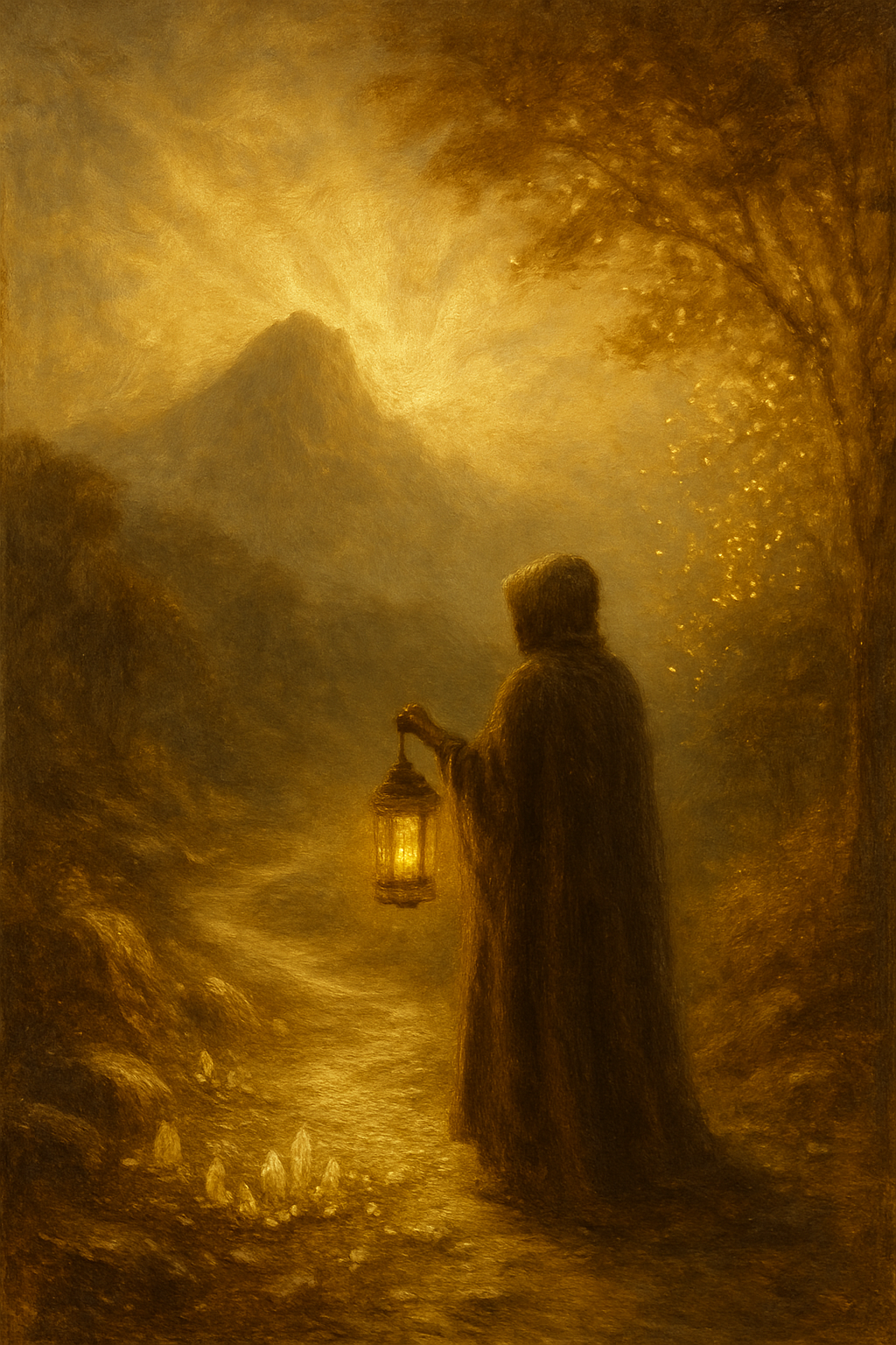 Figura de un ermitaño en la cima de una montaña sosteniendo un farol, simbolizando la introspección y la sabiduría.