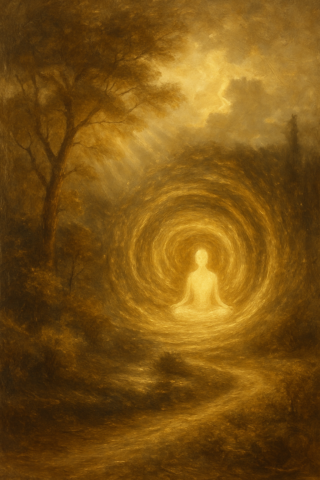 Figura meditando en calma en el centro de un vórtice giratorio, simbolizando la maestría del arquetipo de la Rueda de la Fortuna.