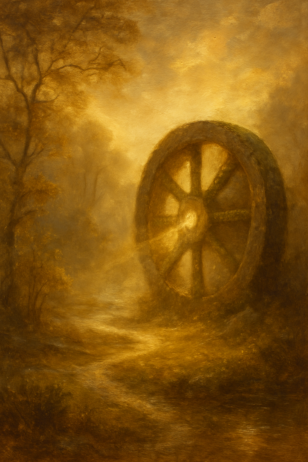 La Rueda de la Fortuna del Tarot representada como una antigua rueda de piedra en un paisaje místico al amanecer.