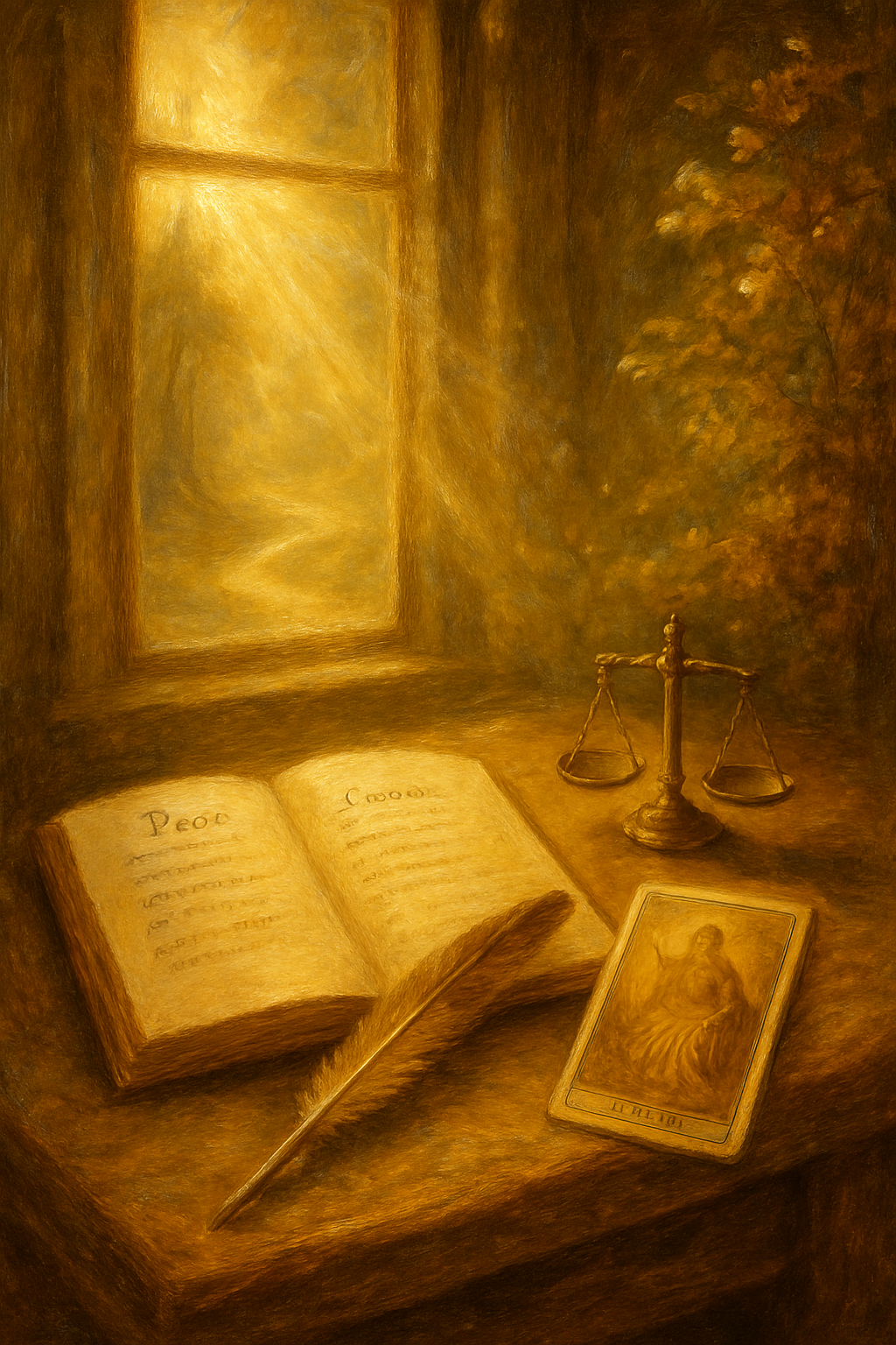 Ejercicio práctico de journaling para conectar con la energía de La Justicia, mostrando un diario y la carta del tarot.