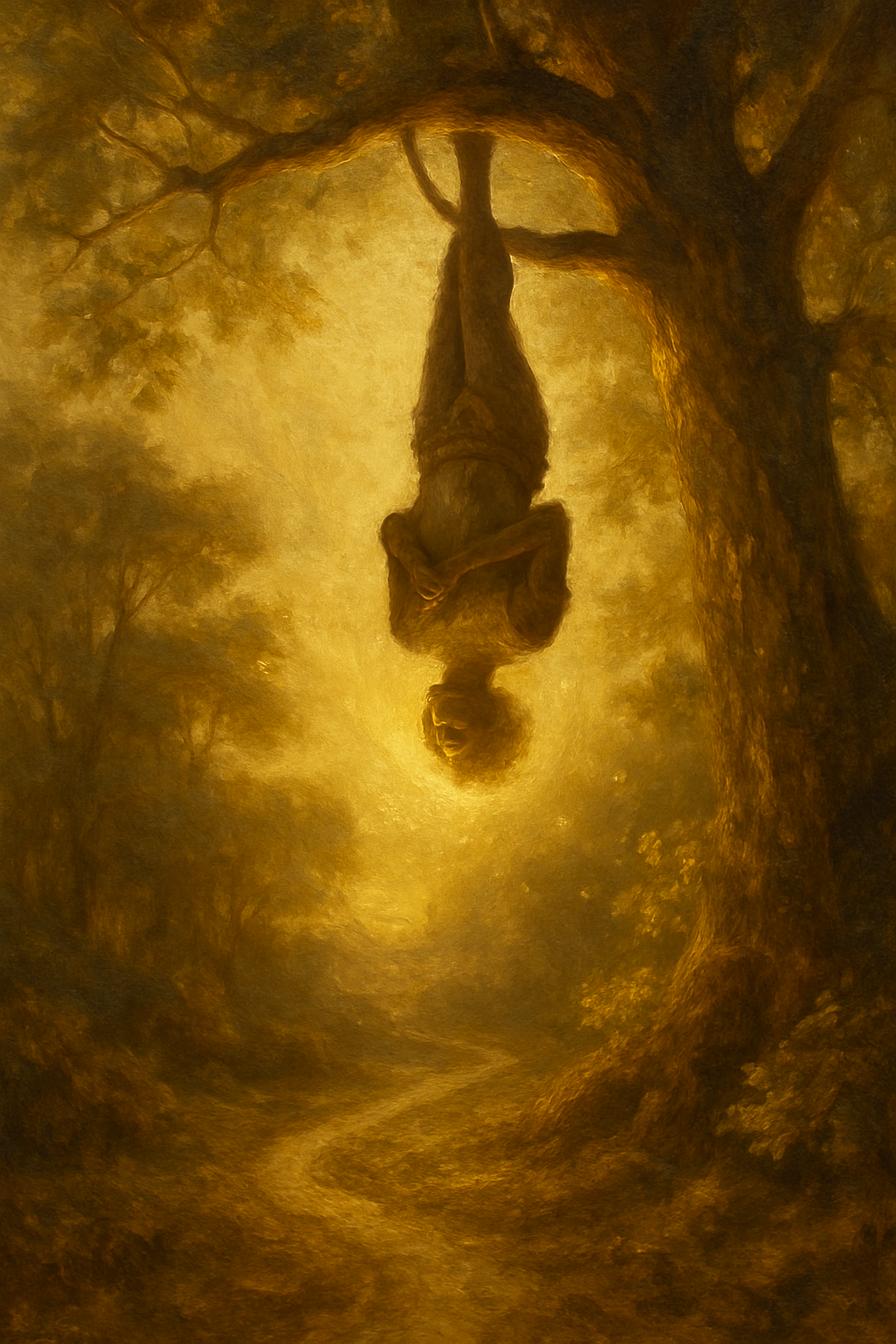 Representación artística del Arcano El Colgado, mostrando una figura en calma suspendida de un árbol vivo.