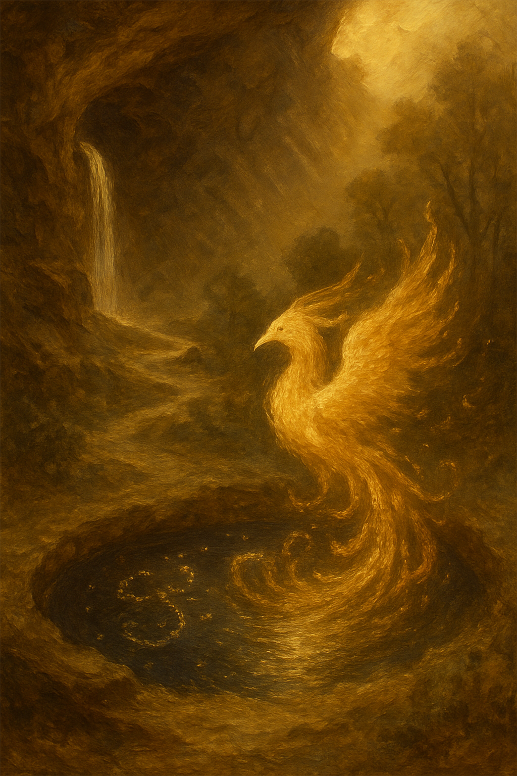 Simbolismo profundo de La Muerte: un manantial que refleja a Escorpio y un fénix renaciendo, conectando con la alquimia y la astrología.
