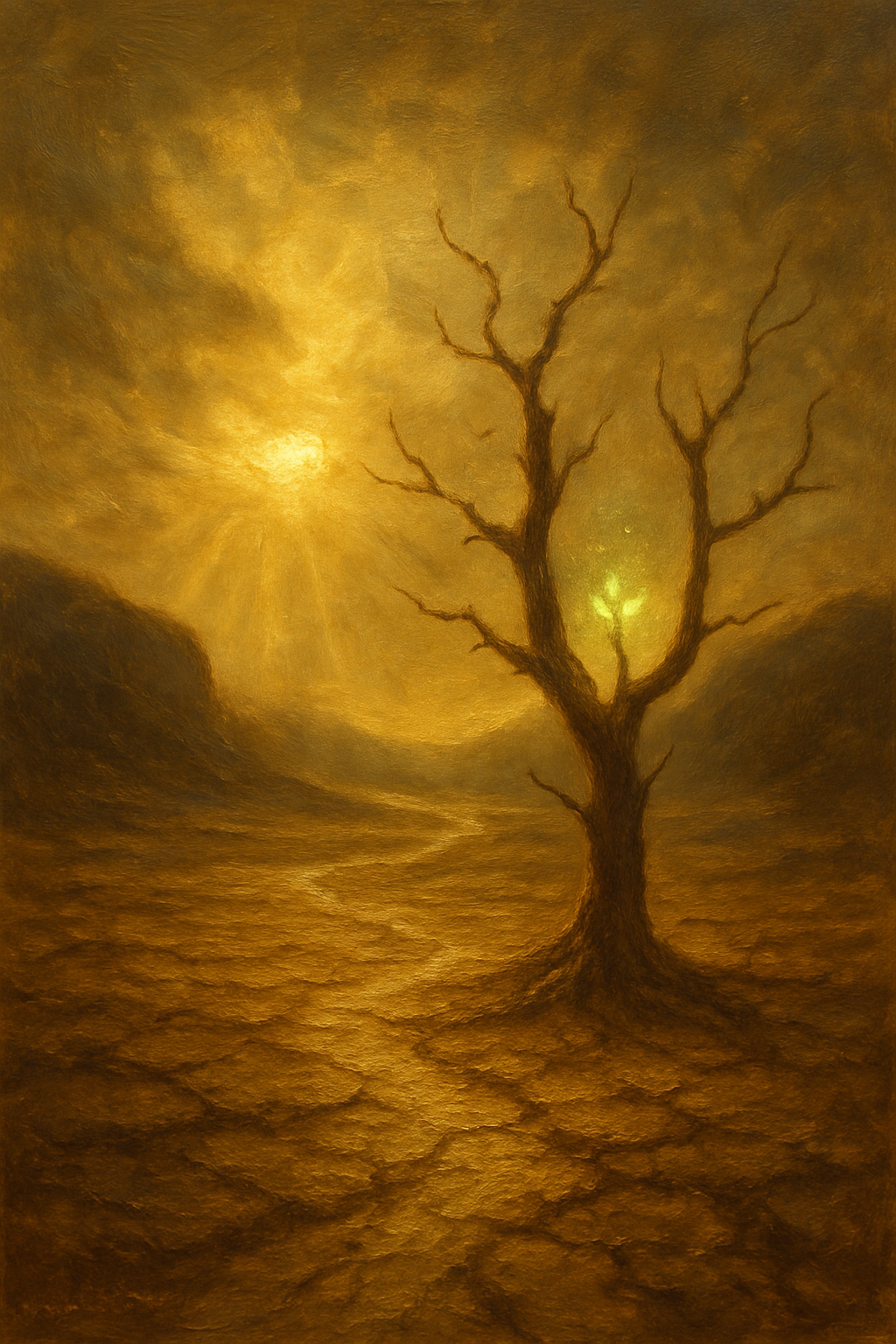 El arcano La Muerte simbolizado por un árbol seco con un brote verde naciendo al amanecer, representando la transformación y el renacimiento.