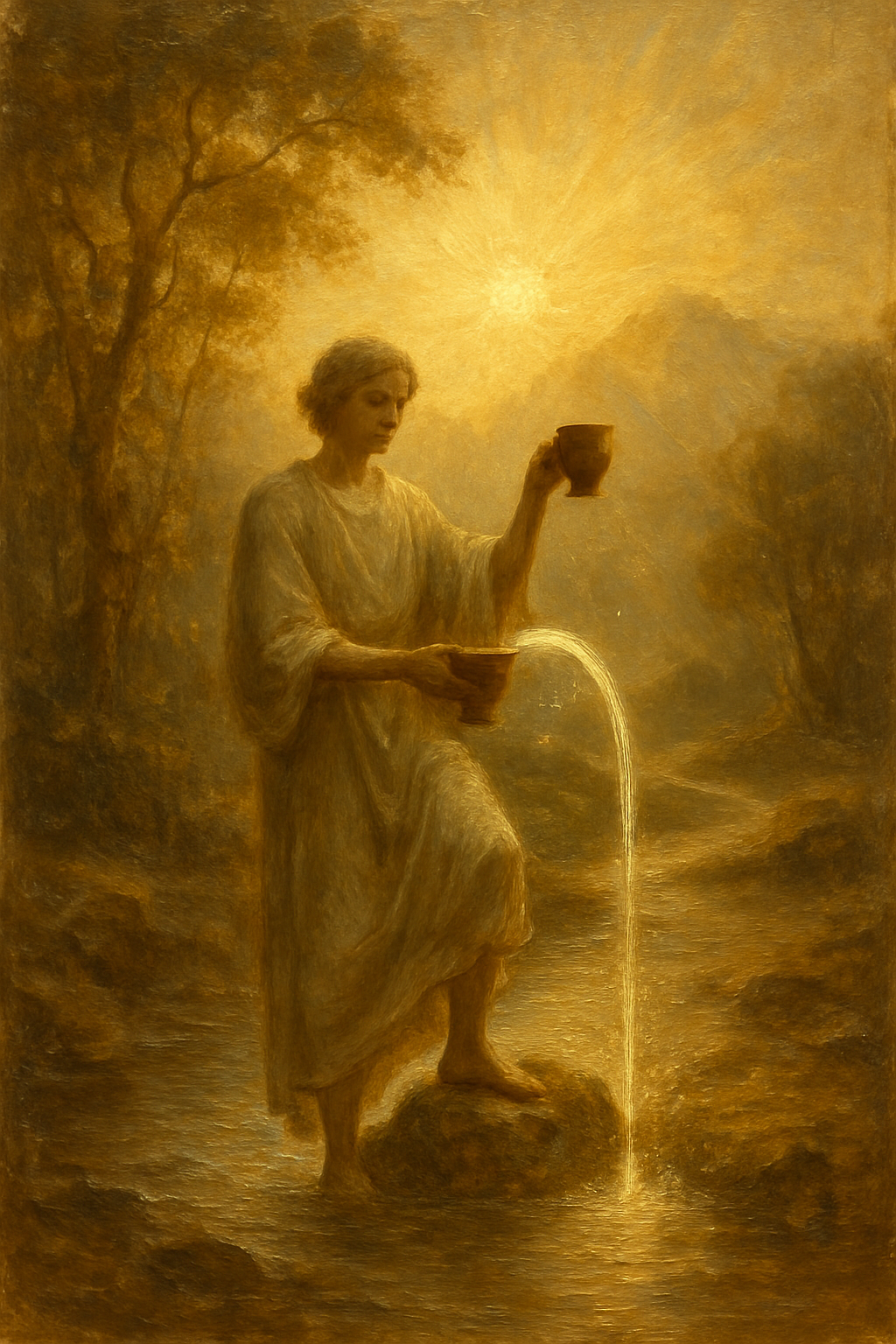 Representación simbólica del Arcano La Templanza, con un ángel equilibrando agua entre dos copas en un paisaje tranquilo.