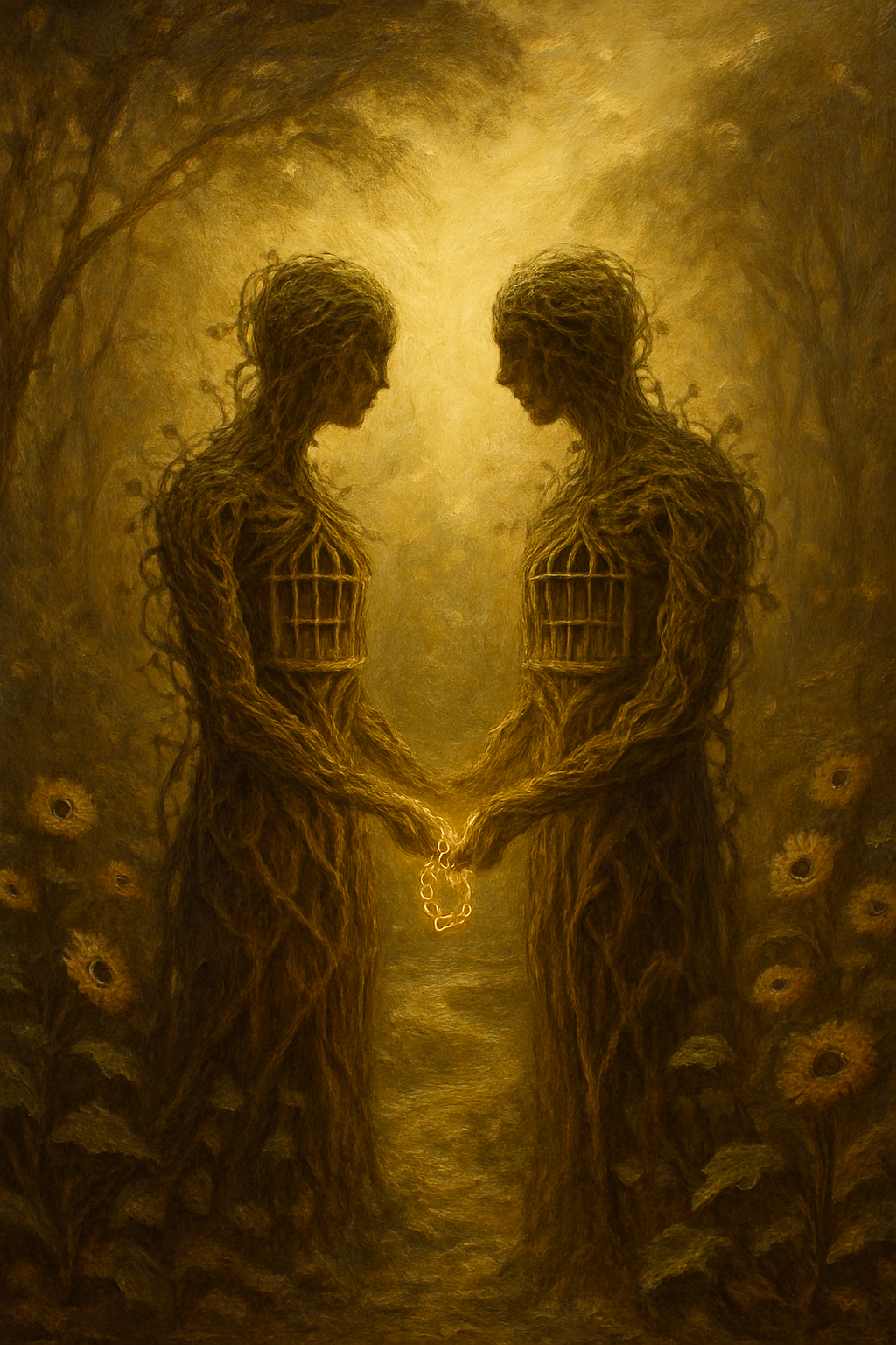 Representación de El Diablo en el amor: dos figuras unidas por cadenas doradas en un jardín opresivo, simbolizando la codependencia.