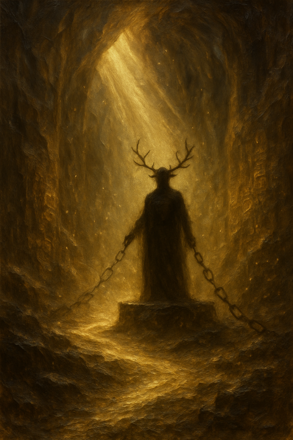 Representación arquetípica del arcano El Diablo, mostrando una figura poderosa en una cueva y cadenas rotas simbolizando la liberación.