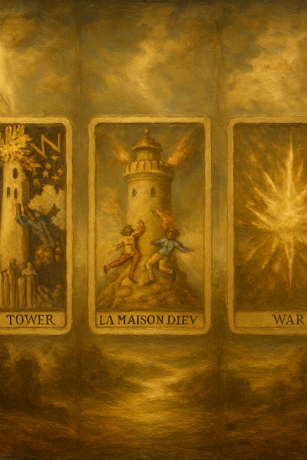 Comparación visual de la carta La Torre en las barajas Rider-Waite, Marsella y Thoth.