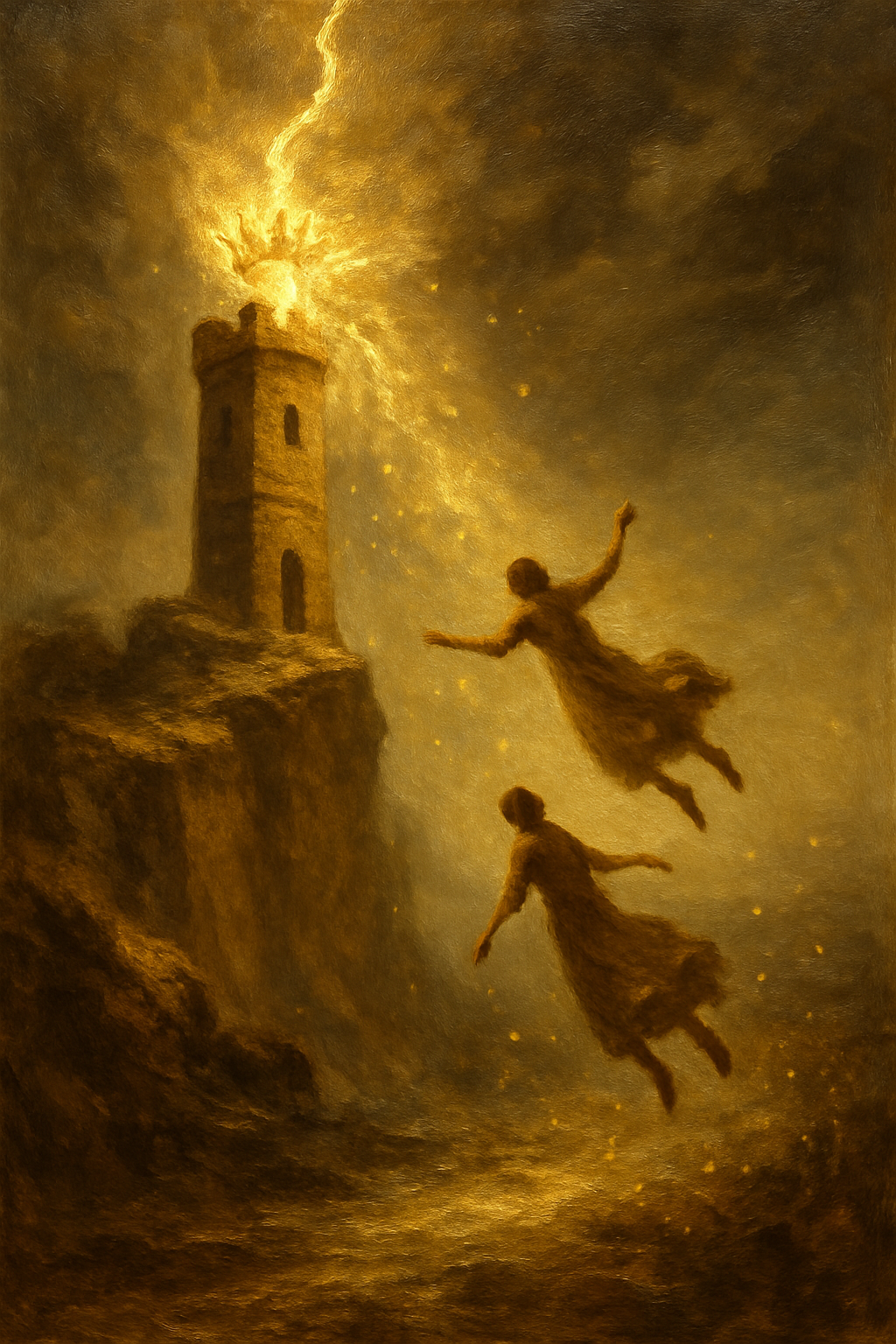 Ilustración del arcano La Torre del Tarot, mostrando una torre siendo golpeada por un rayo.