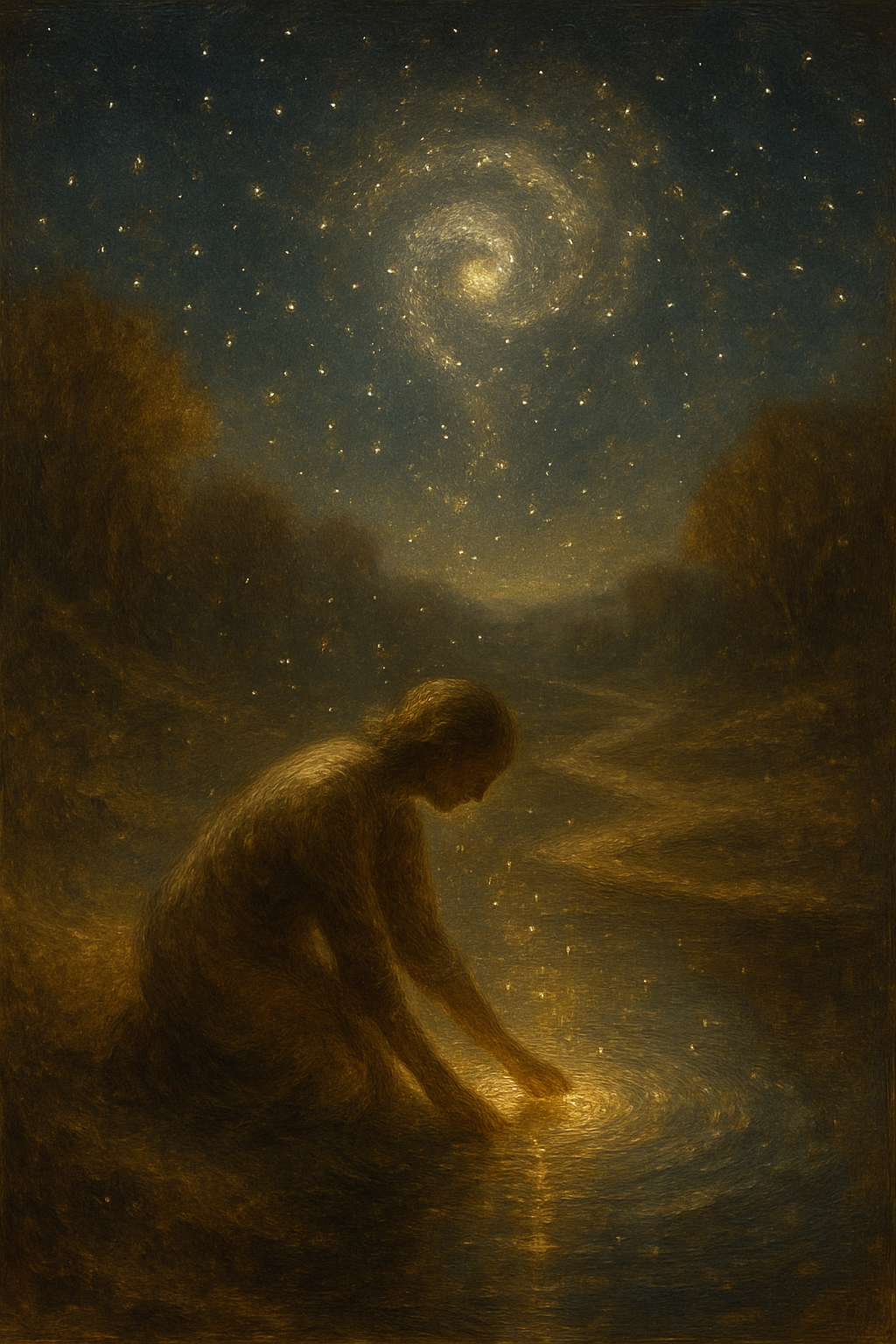 Simbología de La Estrella del Tarot: una figura conectando con la tierra y el agua bajo un cielo estrellado que representa la esperanza y la renovación.