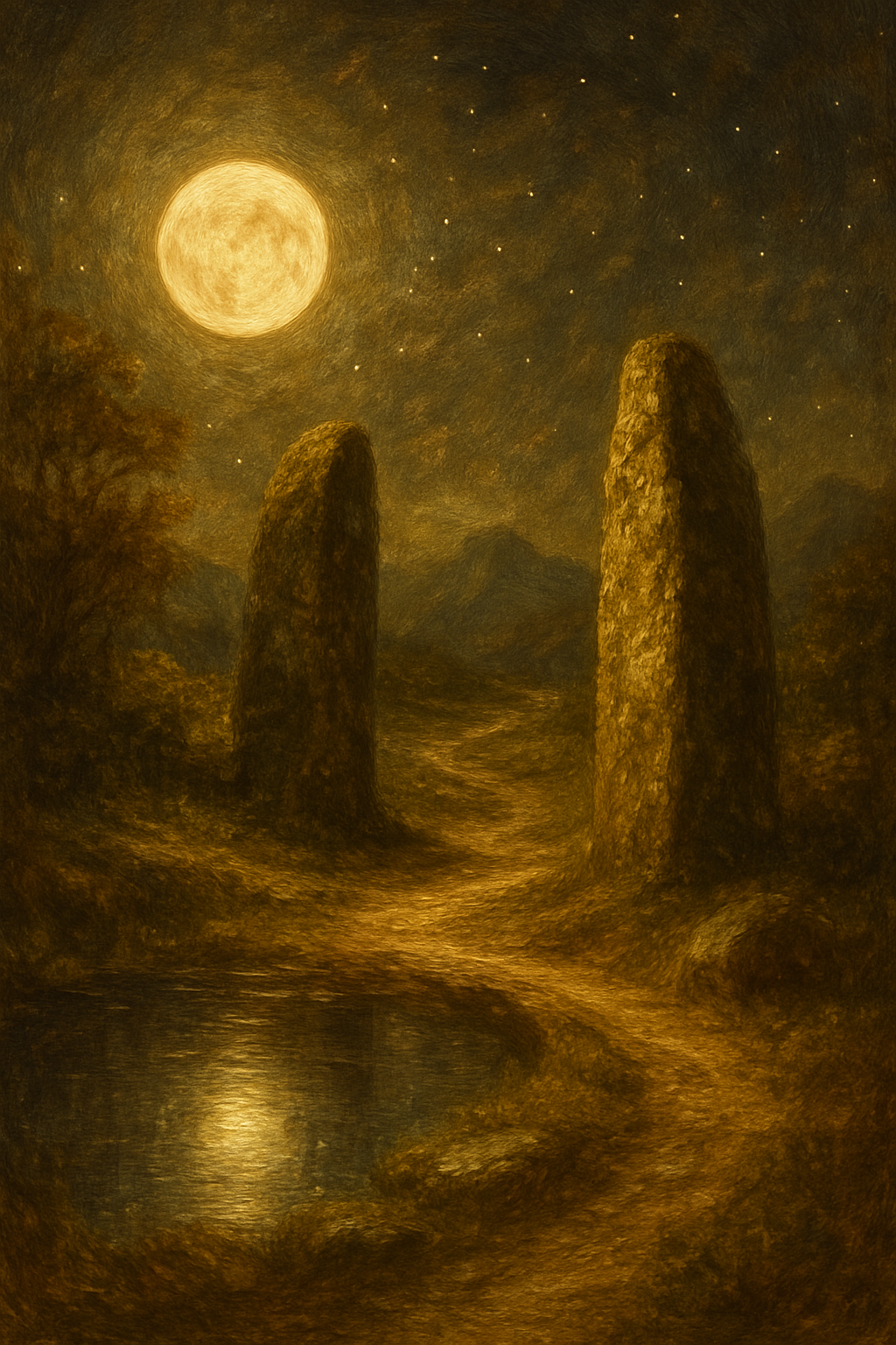 El arcano de La Luna representado por un camino iluminado que atraviesa un paisaje nocturno hacia lo desconocido.