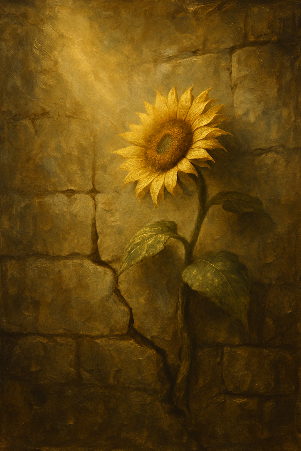 Un girasol creciendo a través de un muro de piedra, representando la superación de obstáculos en la carta de El Sol.