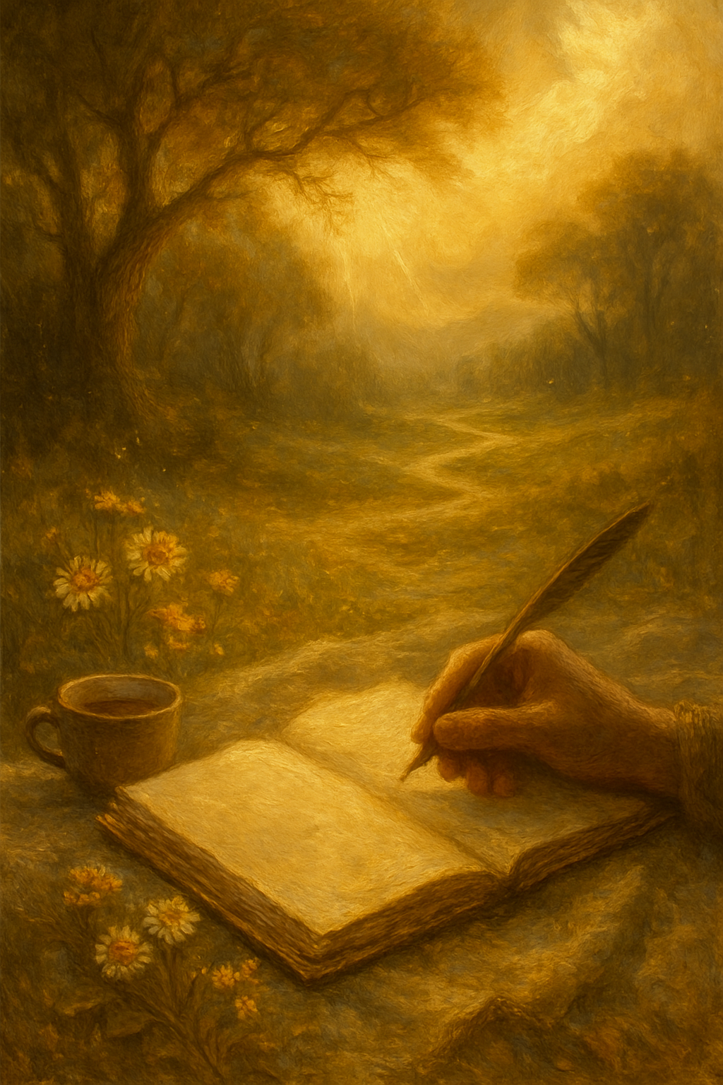 Un diario abierto en un prado soleado, representando los ejercicios de journaling y autoconocimiento inspirados por El Sol.