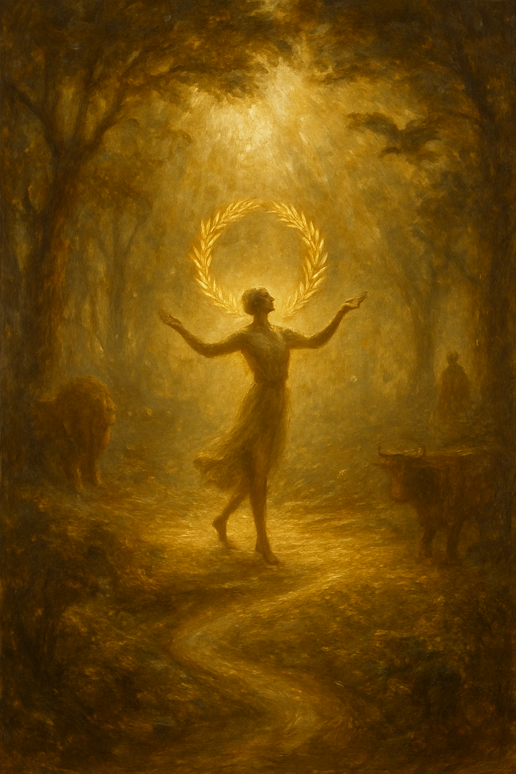 Representación artística del arcano El Mundo, con una figura danzante en una corona de laurel en un bosque mágico.