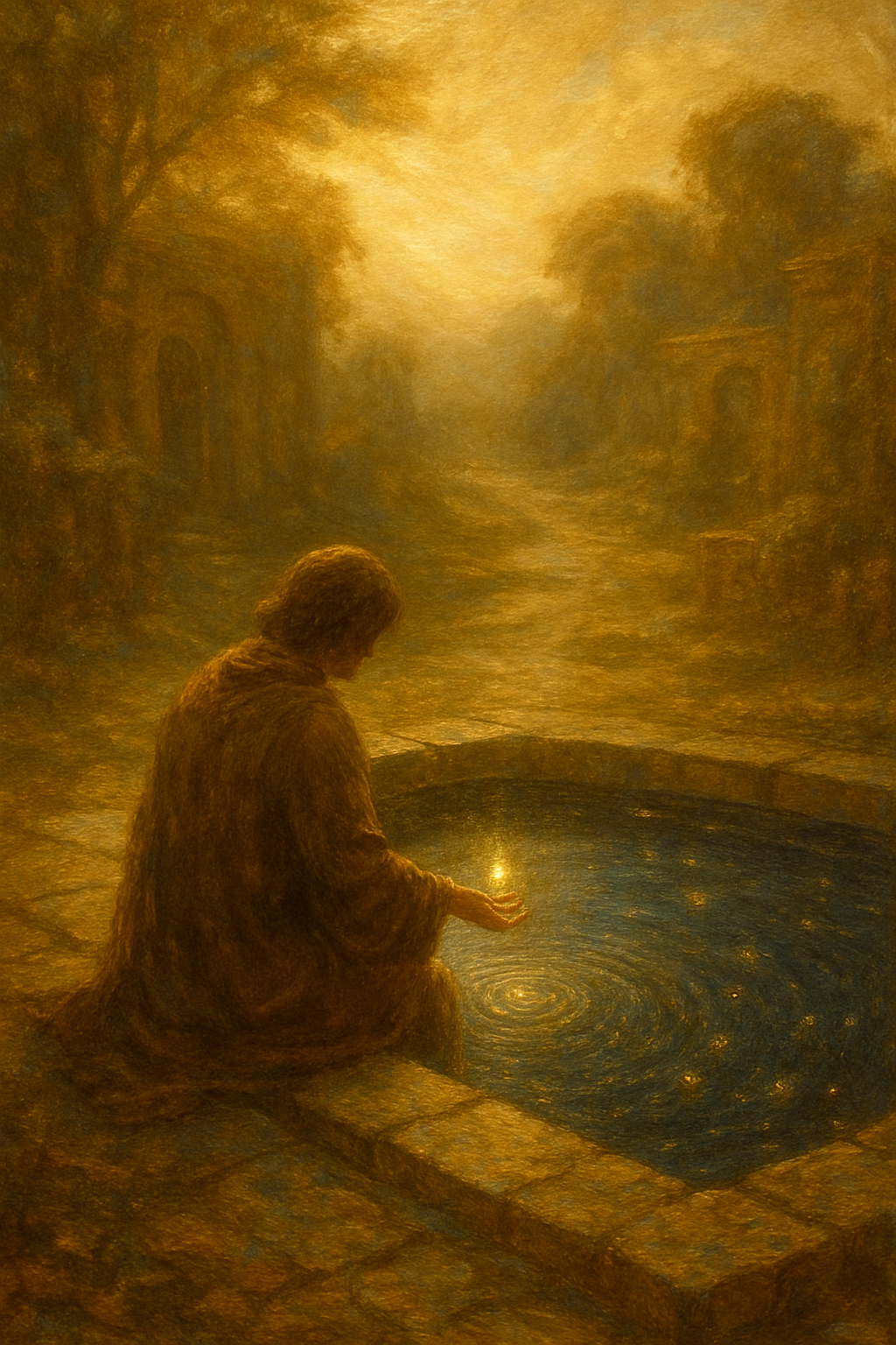 Figura contemplando un estanque que refleja las estrellas, simbolizando la búsqueda de respuestas.
