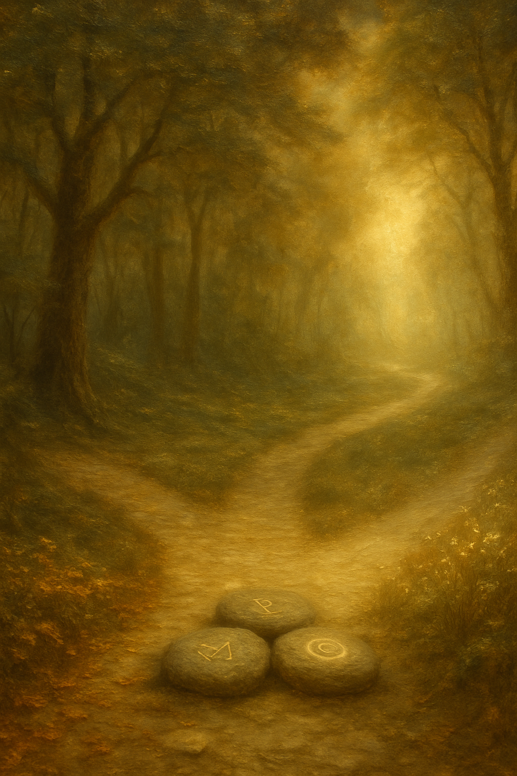 Un sendero que se divide en tres, representando pasado, presente y futuro en una tirada de tarot.