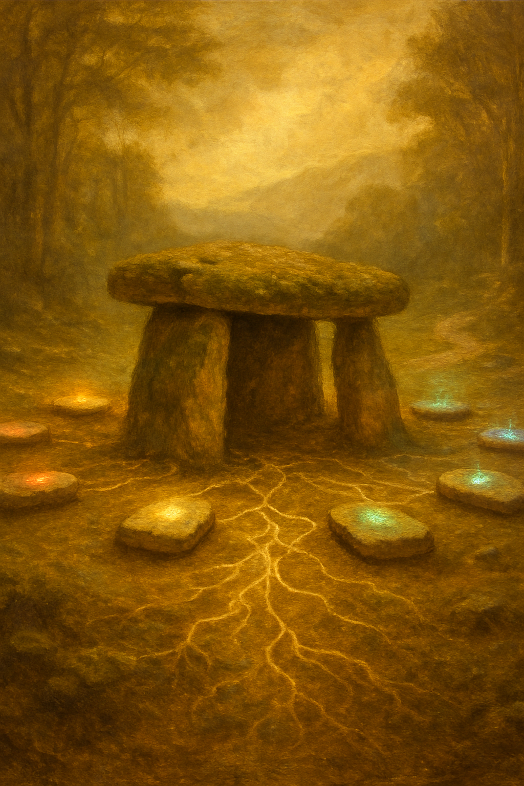 Diez piedras luminosas dispuestas en forma de Cruz Celta en un claro del bosque.