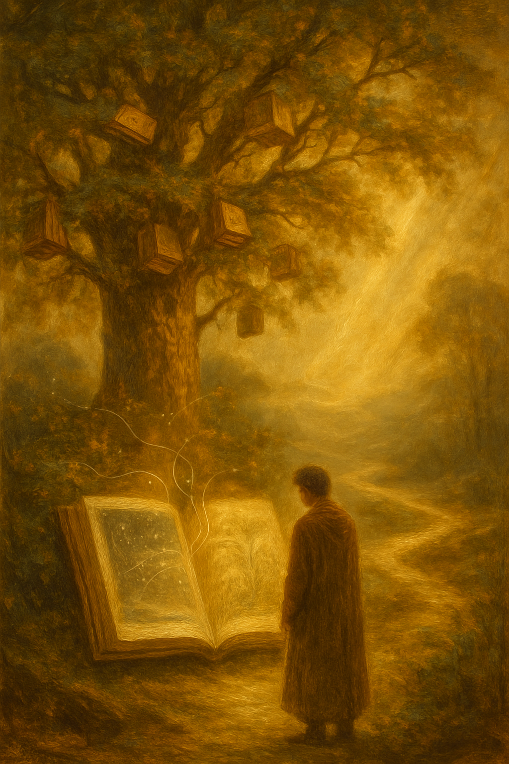 Interpretando un libro orgánico con imágenes en movimiento en una biblioteca de árboles.