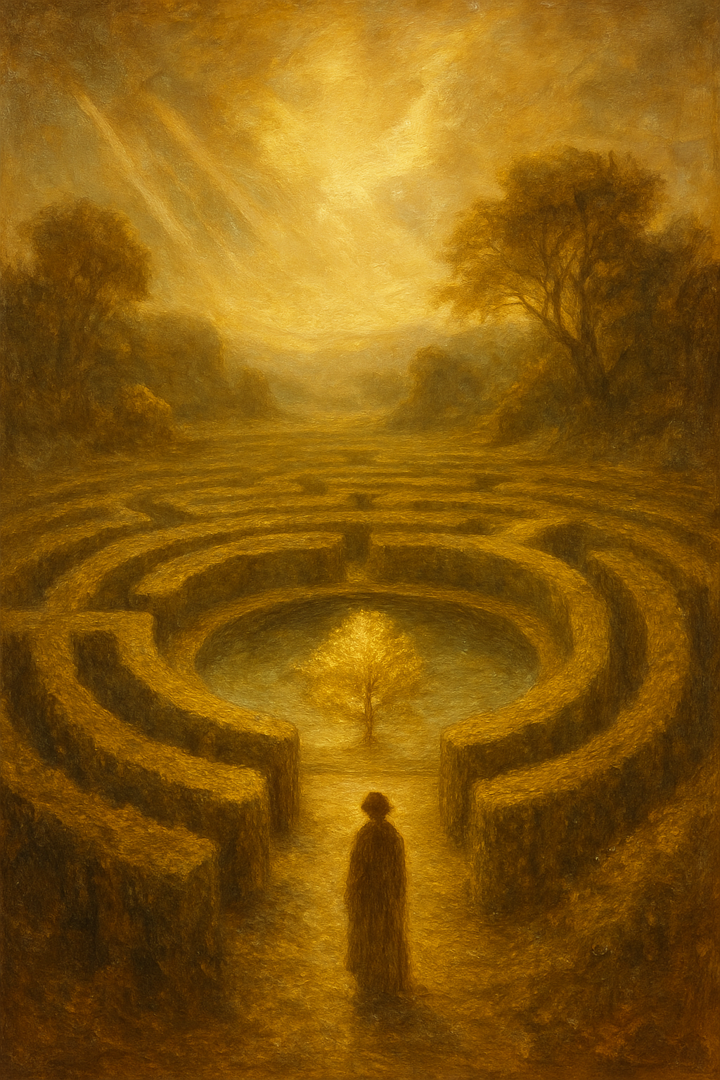 Laberinto que lleva a un espejo de agua, simbolizando el tarot como un camino hacia el autoconocimiento.