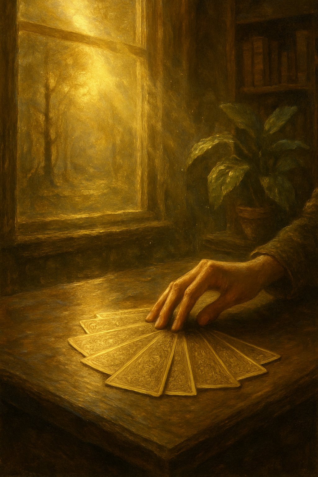 Manos extendiendo cartas de tarot sobre una mesa de madera en un ambiente de estudio sereno