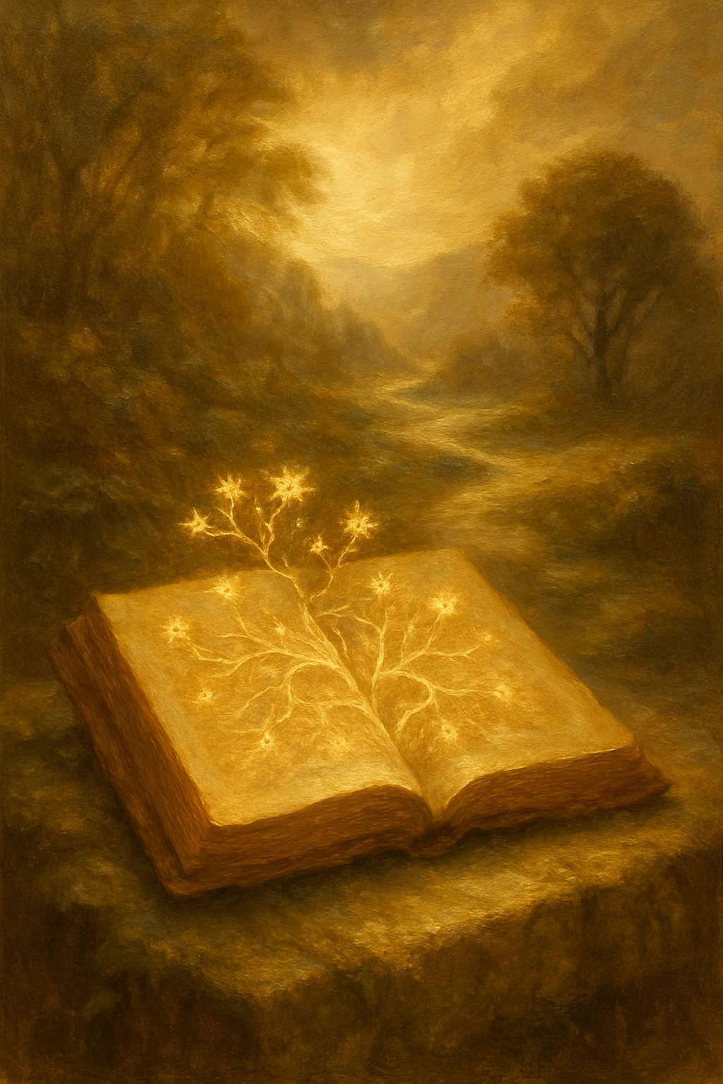 Interpretación del Tarot como una historia conectada, simbolizada por un libro con raíces luminosas.