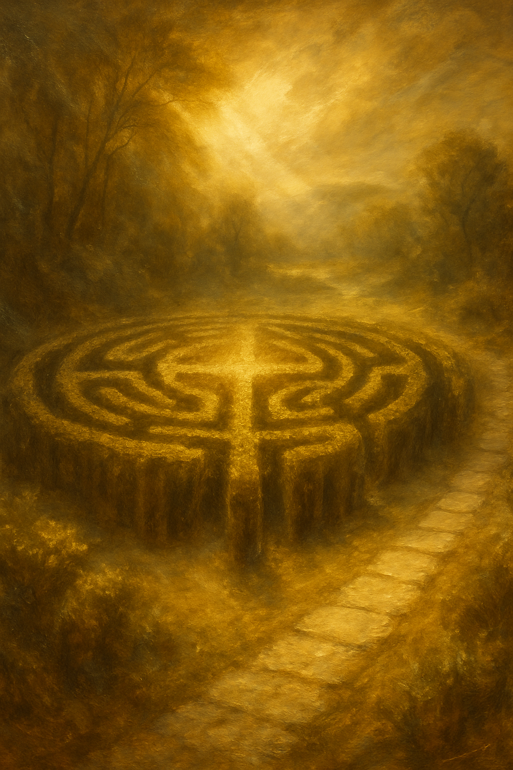 Un laberinto y un camino recto, simbolizando la elección entre una tirada de tarot compleja como la Cruz Celta y una simple.