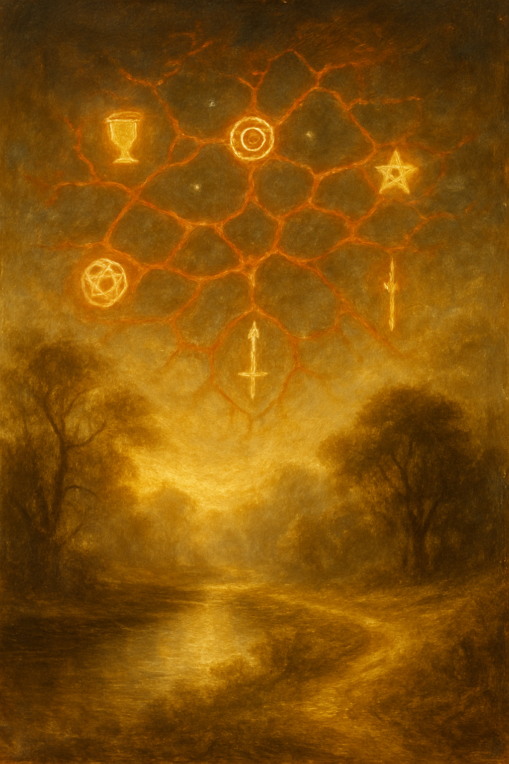 Red de herramientas de tarot online y su simbolismo interconectado.