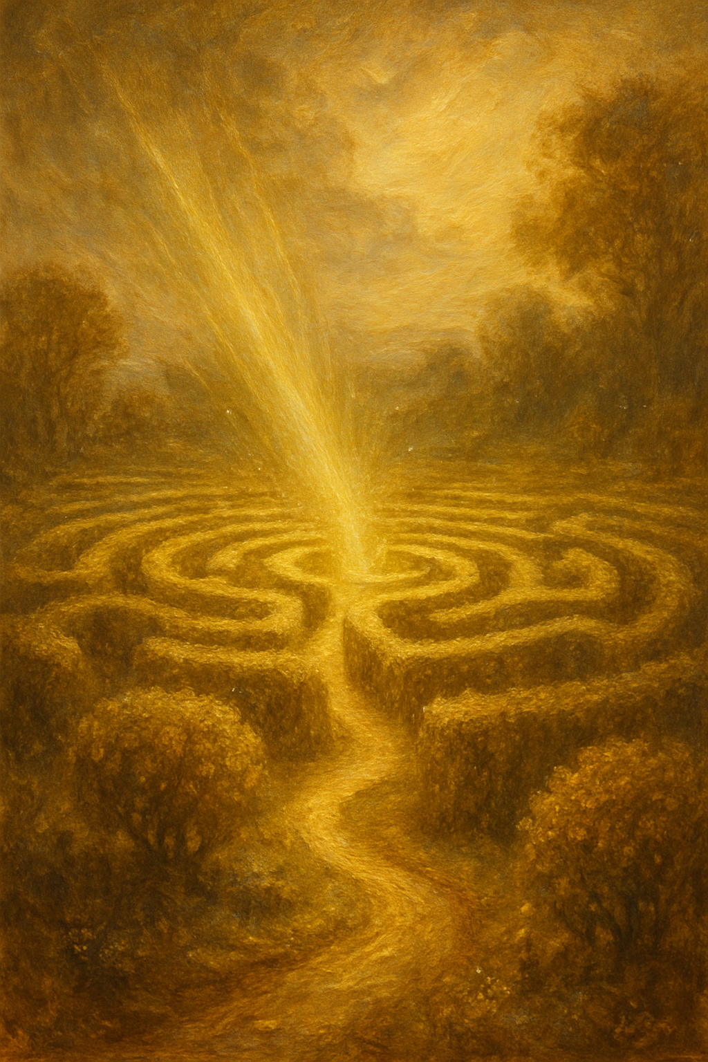 Un laberinto en un jardín, simbolizando el viaje psicológico del autoconocimiento a través del tarot.