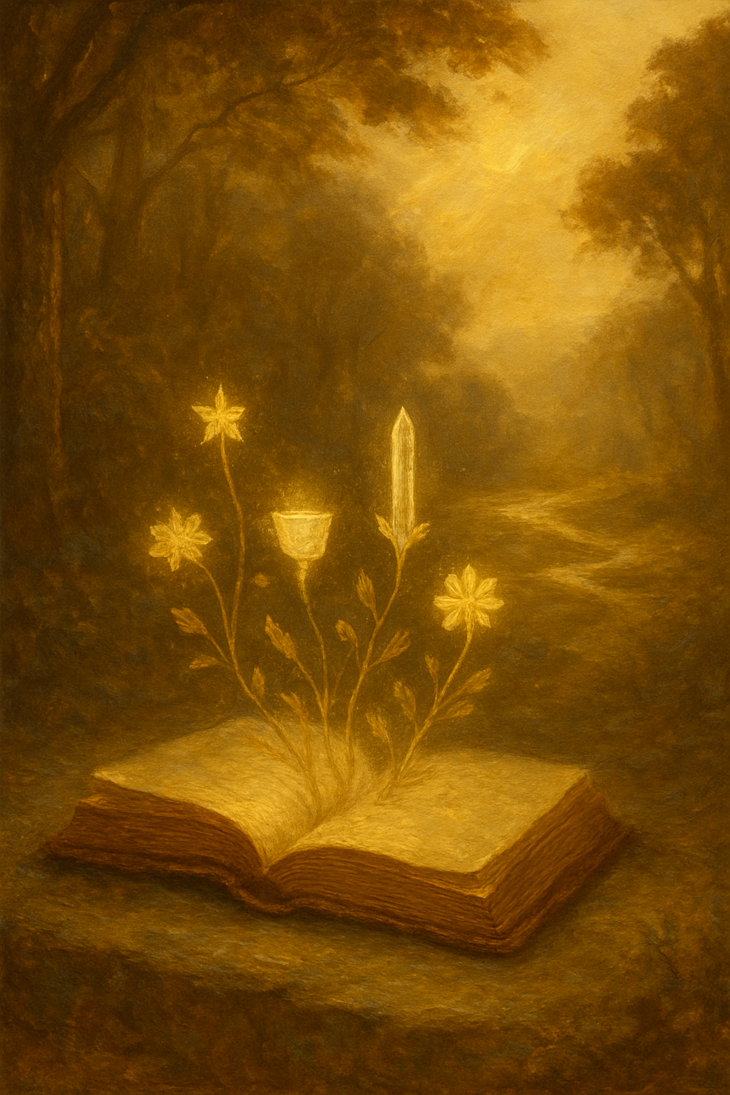 Un libro de símbolos del que brotan plantas, representando la interpretación de los arquetipos del tarot.