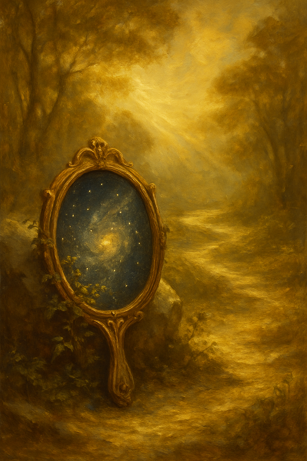 Un espejo que refleja el cosmos, simbolizando el error de tomar el tarot literalmente y la importancia de ver más allá.
