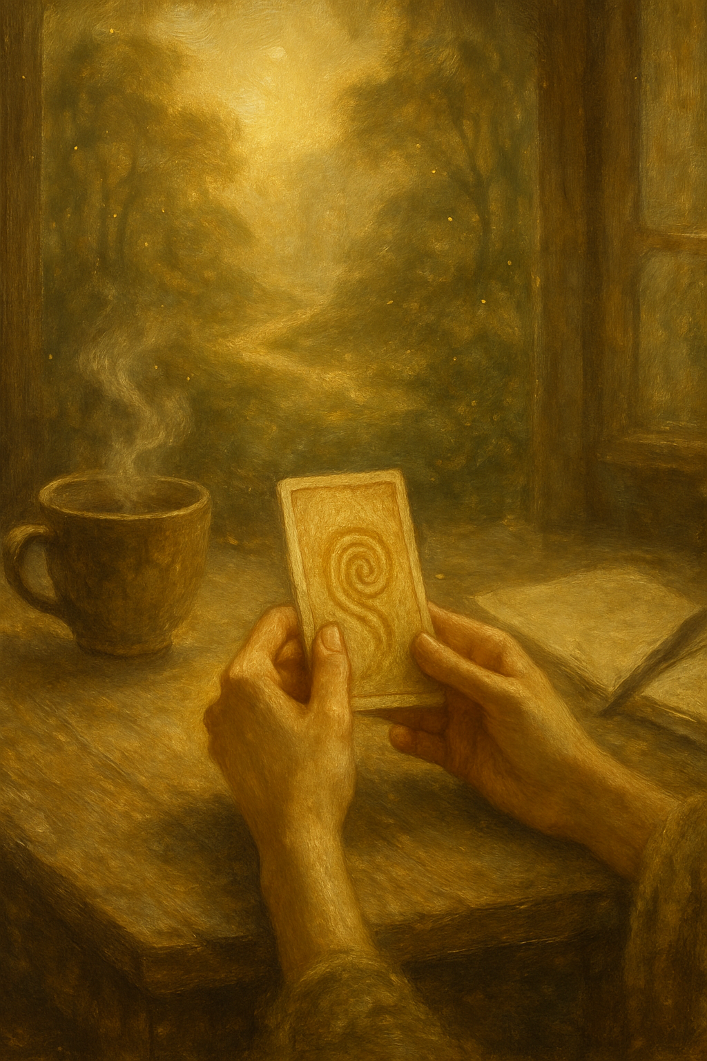 Manos sosteniendo una carta del día del tarot junto a un diario, simbolizando la reflexión diaria.