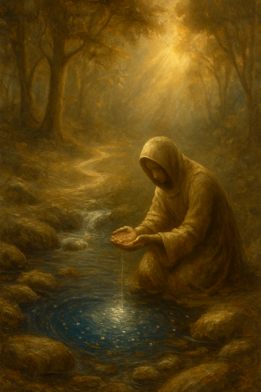 Manantial en un bosque reflejando estrellas, simbolizando el flujo de información en una tirada de tarot.