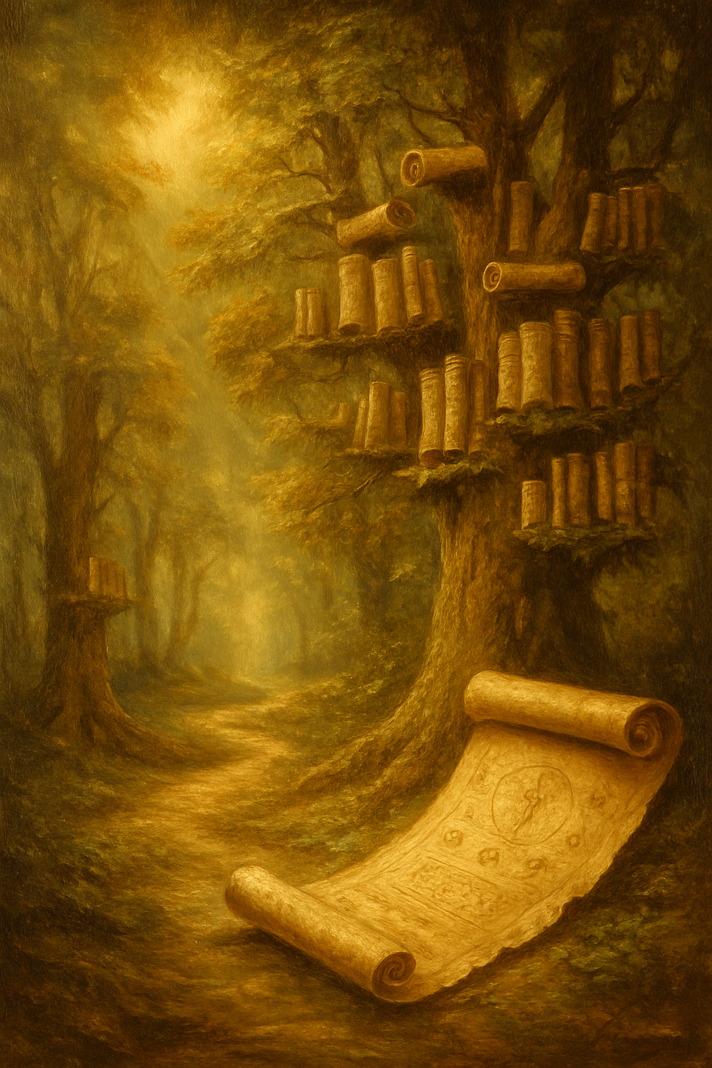 Biblioteca antigua y orgánica con manuscritos creciendo de los árboles, representando la historia del tarot.