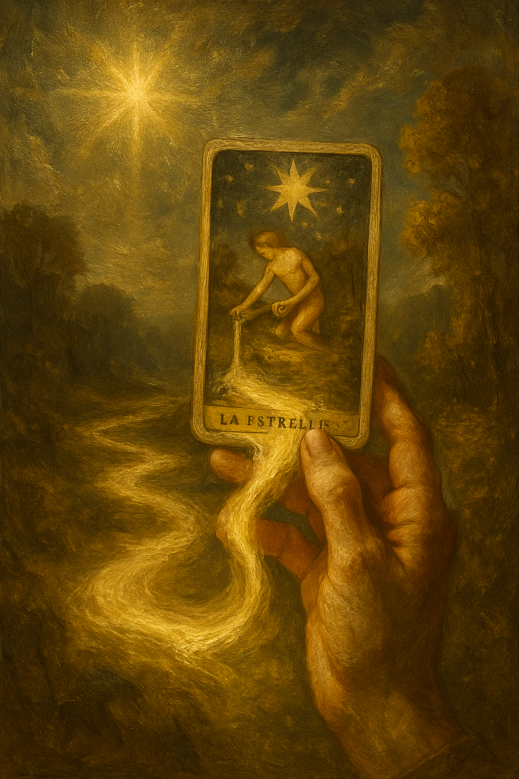 Mano sosteniendo la carta de La Estrella, cuya ilustración cobra vida, representando la interpretación del tarot.