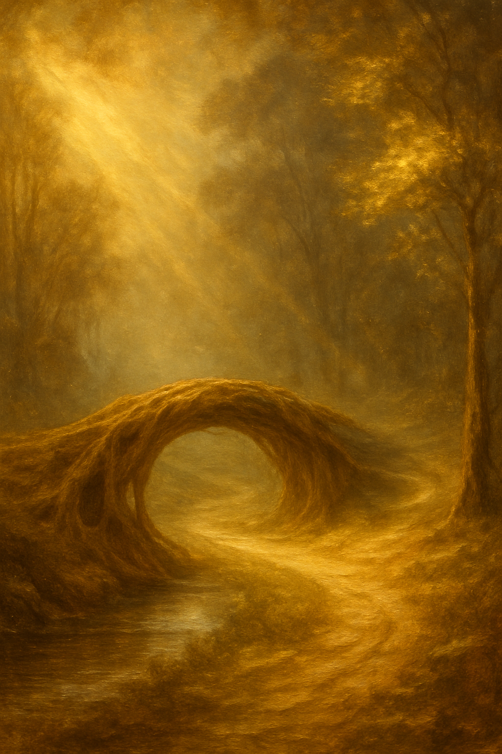 Puente de raíces con una parte iluminada y otra en la niebla, simbolizando los beneficios y limitaciones del tarot online.
