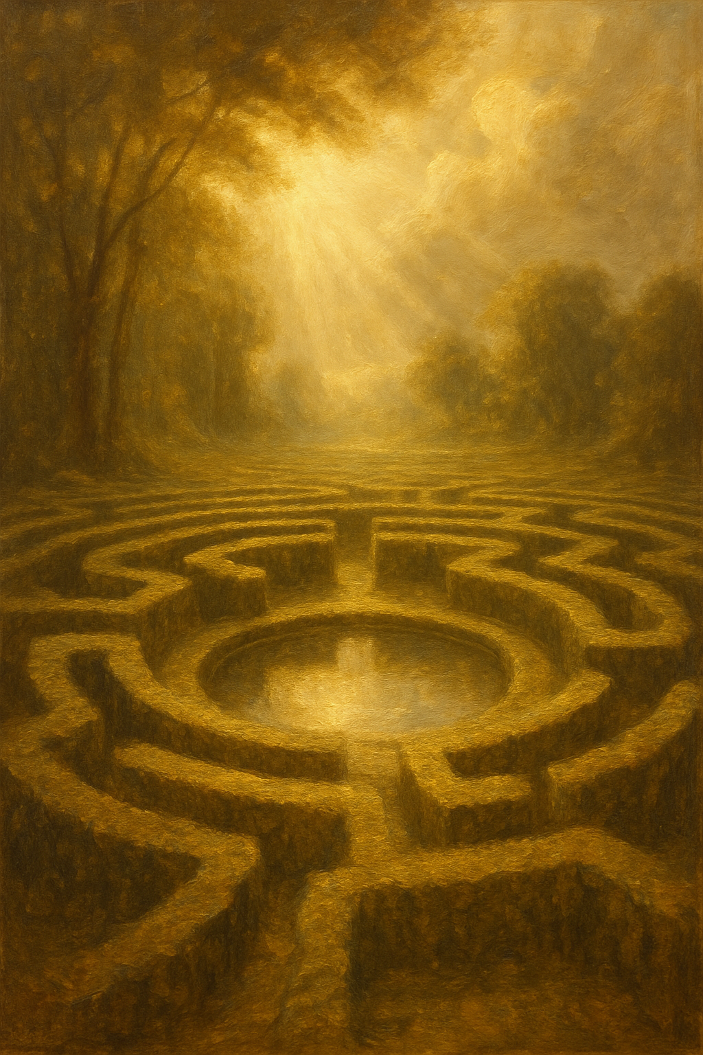 Un laberinto de jardín que conduce a un espejo de agua, simbolizando la búsqueda de respuestas a través del tarot.