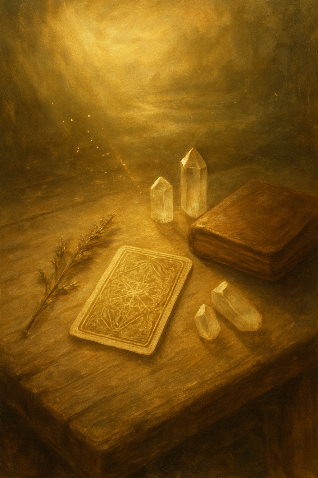 Mesa de madera con una carta de tarot boca abajo, rodeada de elementos naturales, simbolizando el potencial de una tirada de tarot gratis.