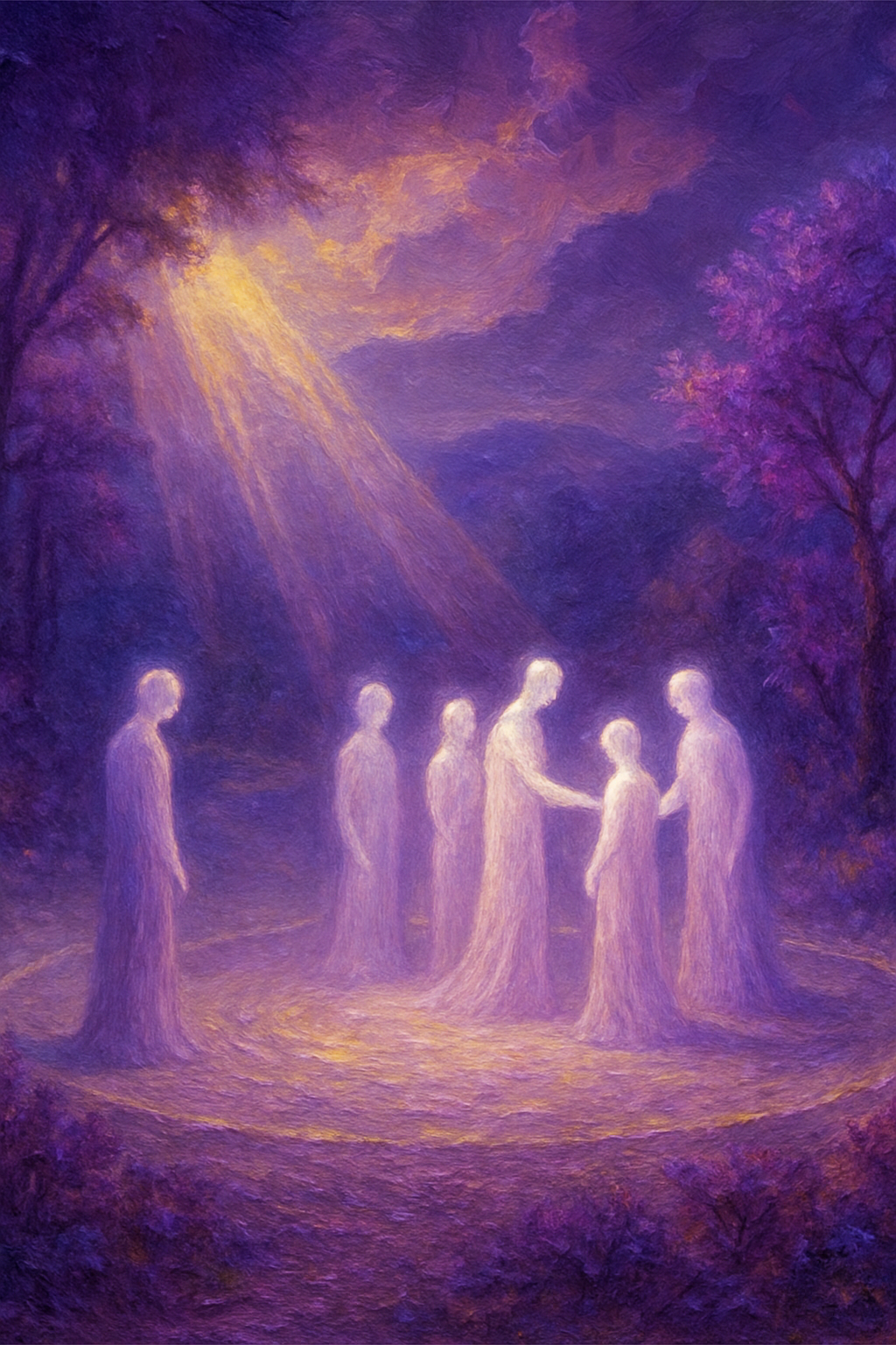 Representación de una sesión de constelaciones familiares grupal con figuras de luz en un espacio circular.