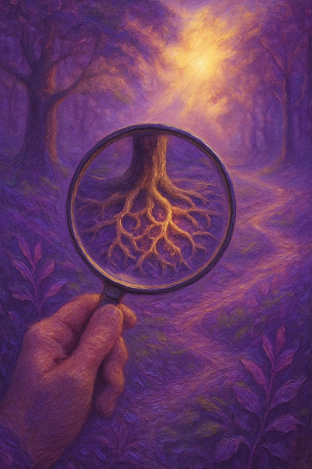 Una lupa examinando las raíces de un árbol, simbolizando la perspectiva crítica en las constelaciones.