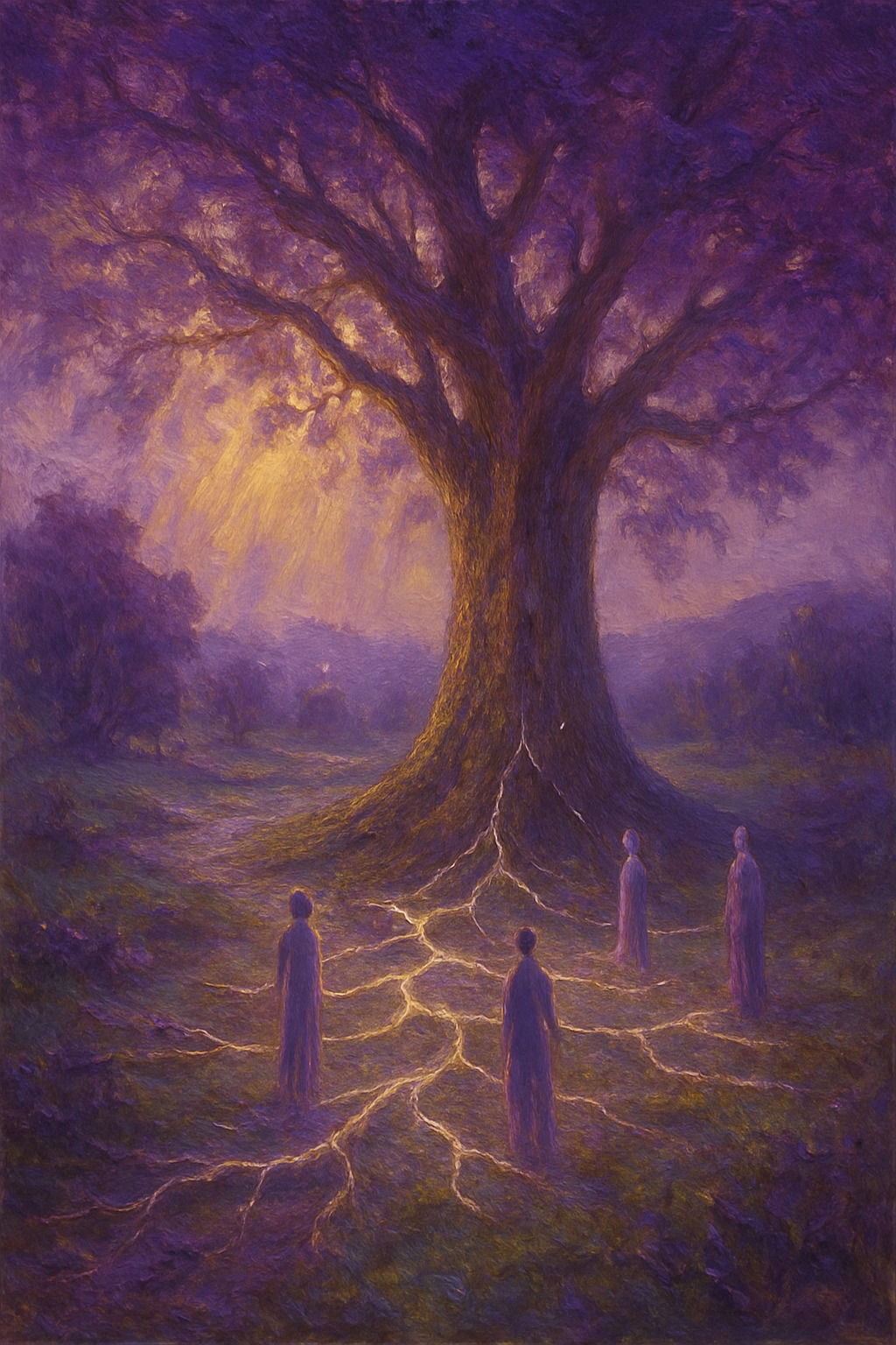 Representación simbólica de las constelaciones familiares con un árbol cuyas raíces luminosas conectan a varias figuras.