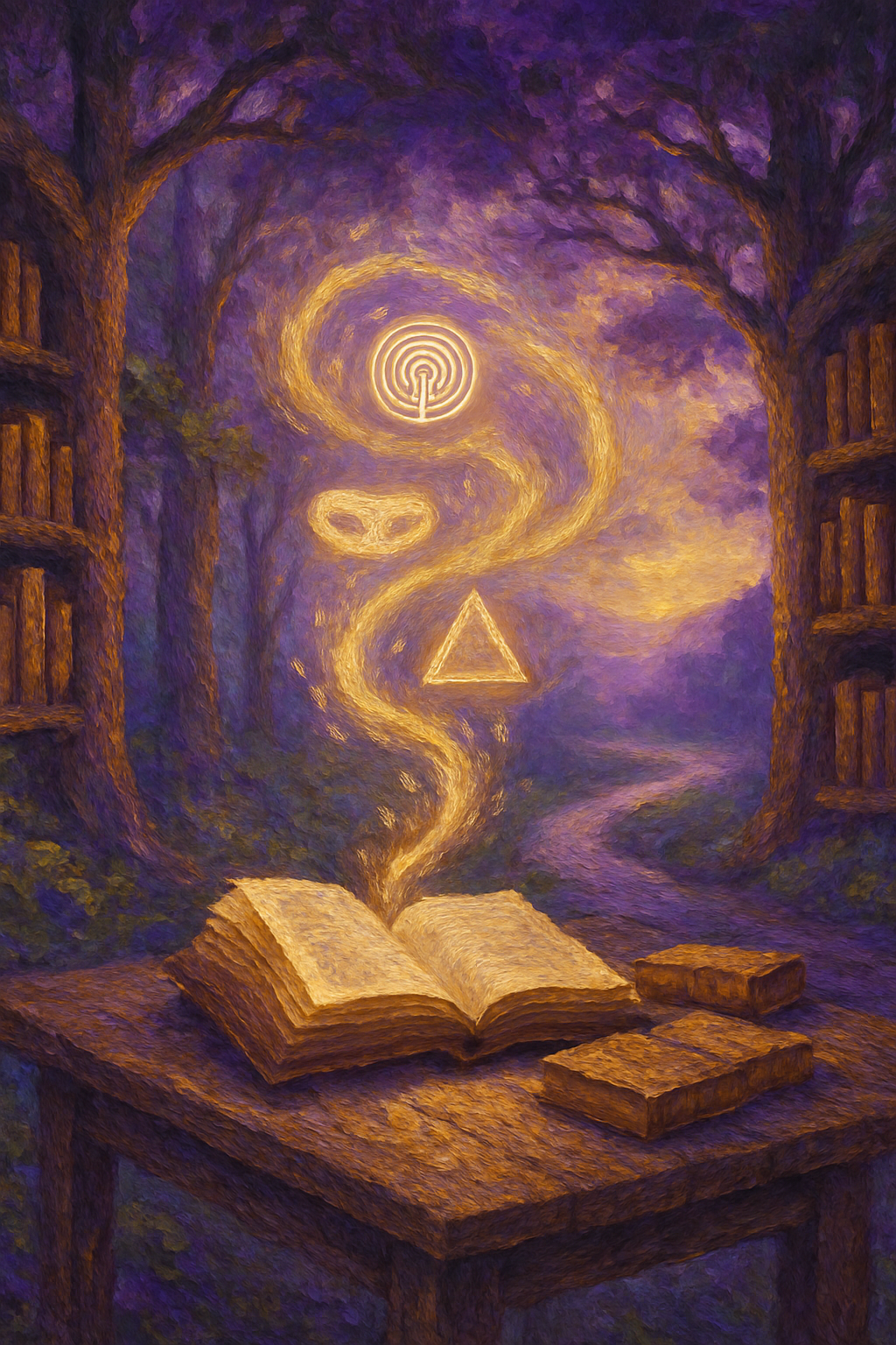 Libros antiguos en una biblioteca natural, simbolizando las diversas influencias en el origen de las Constelaciones Familiares.