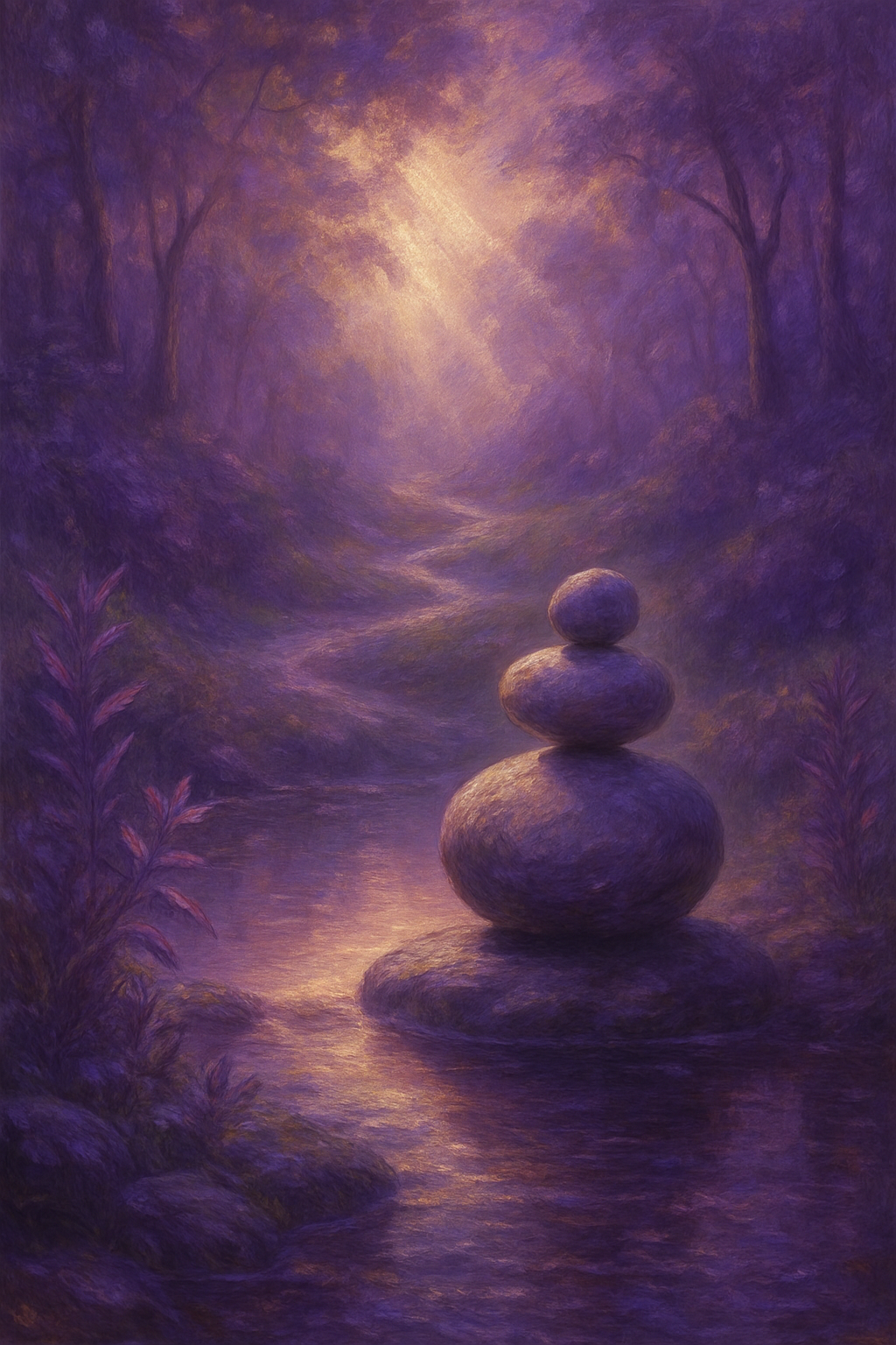 Tres piedras en equilibrio perfecto junto a un arroyo, representando los 'Órdenes del Amor': pertenencia, jerarquía y equilibrio.