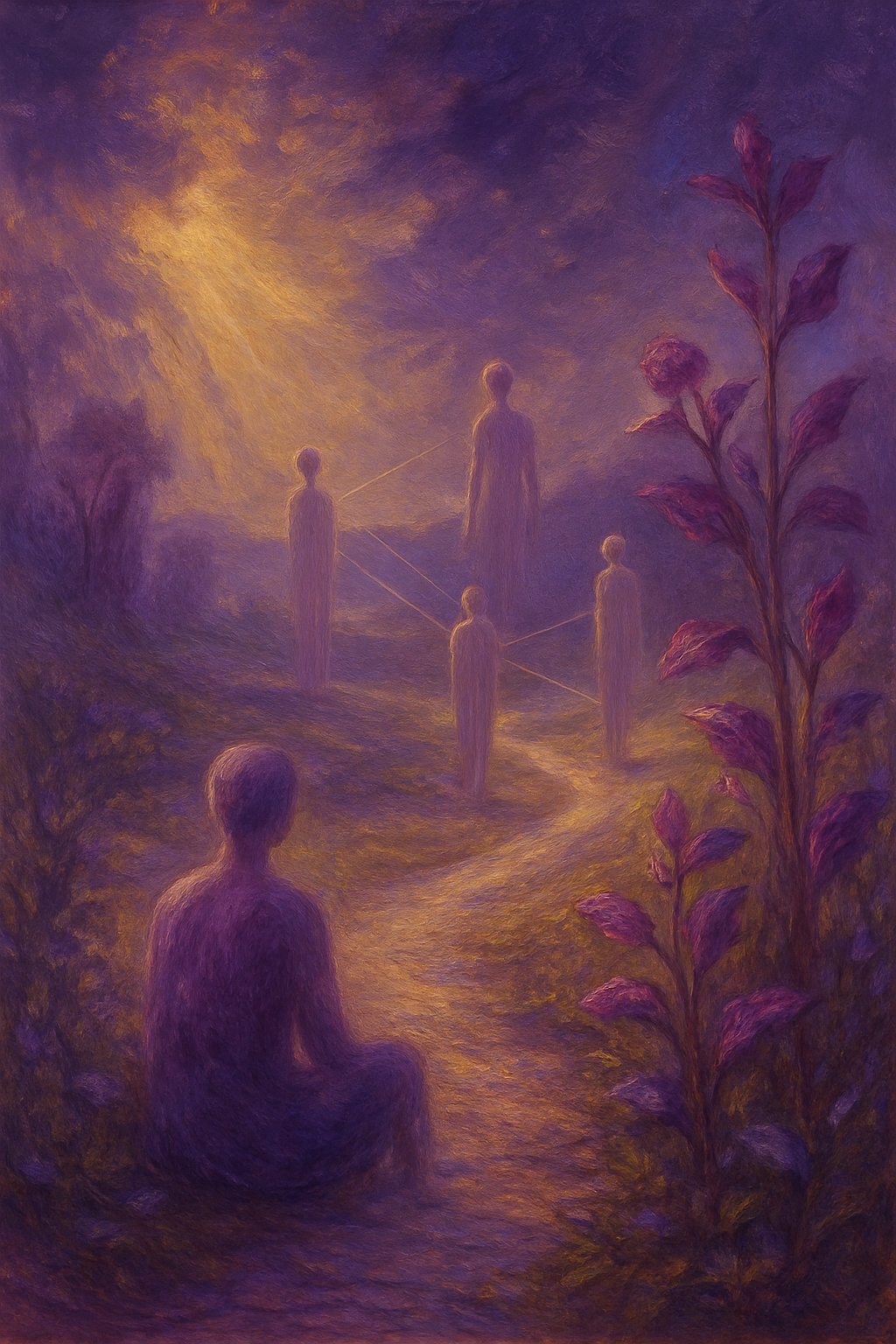 Escena de una sesión de constelación familiar con figuras de luz representando a los miembros de la familia y sus dinámicas.