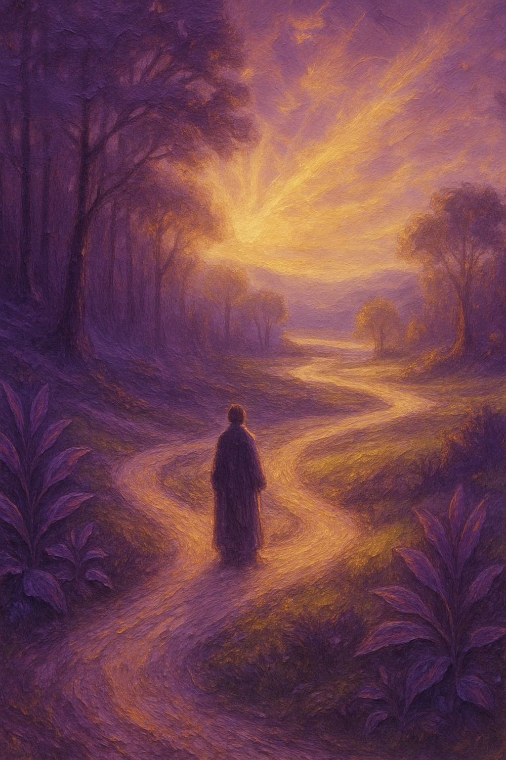 Una persona en una encrucijada de caminos, simbolizando la toma de decisiones y la nueva perspectiva que ofrecen las constelaciones familiares.
