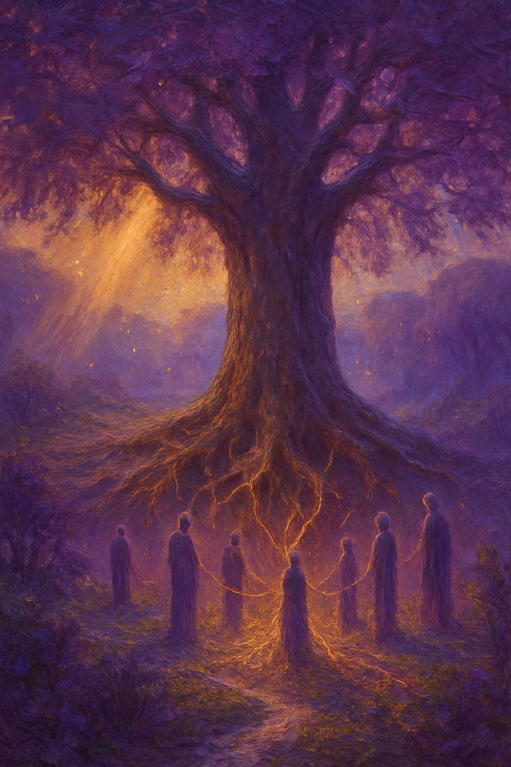 Representación simbólica de un sistema familiar como un árbol con raíces luminosas conectando a varias figuras.