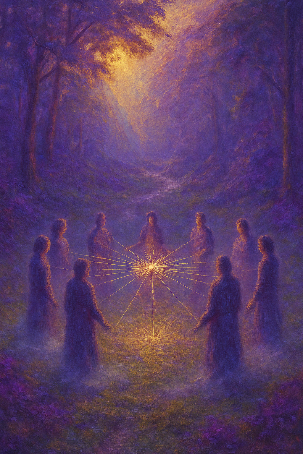 Círculo de personas conectadas por líneas de luz, ilustrando el proceso de una constelación familiar.