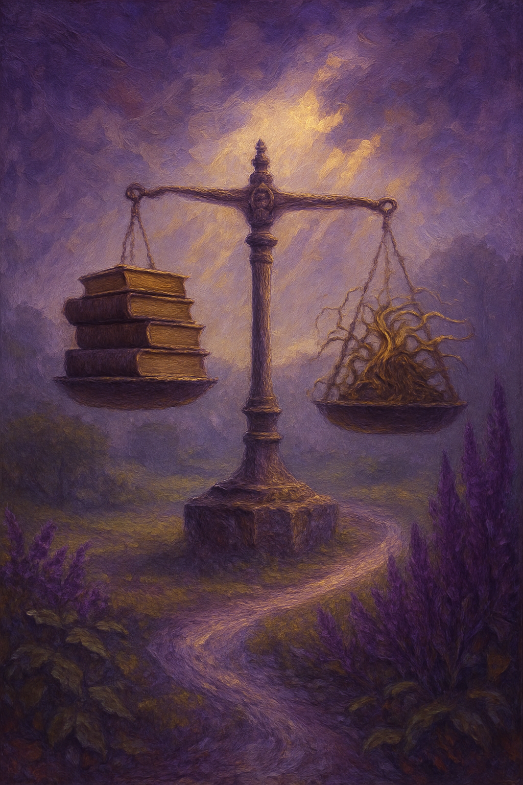 Balanza con libros y raíces, representando las críticas y controversias del método Hellinger.