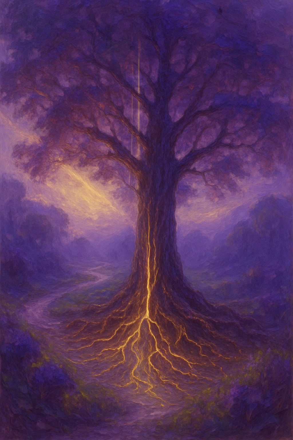 Árbol ancestral con raíces luminosas representando el sistema familiar y el legado de Bert Hellinger.