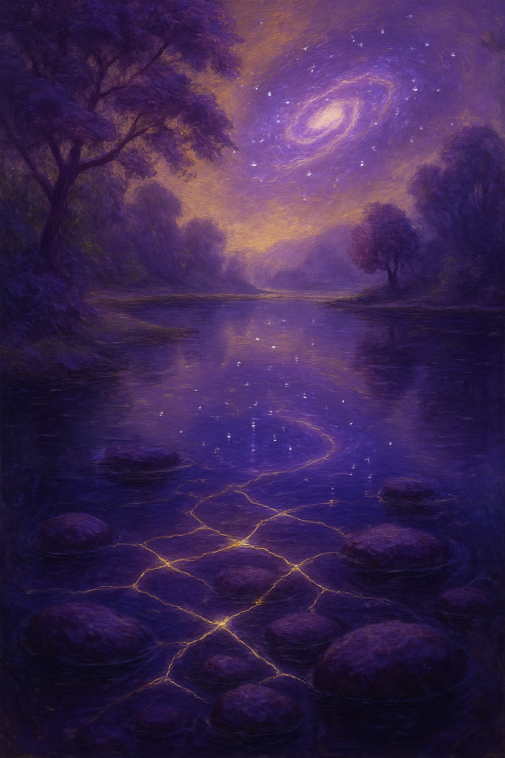 Un lago que refleja las estrellas, mostrando una red de luz submarina que conecta piedras, simbolizando la perspectiva sistémica.