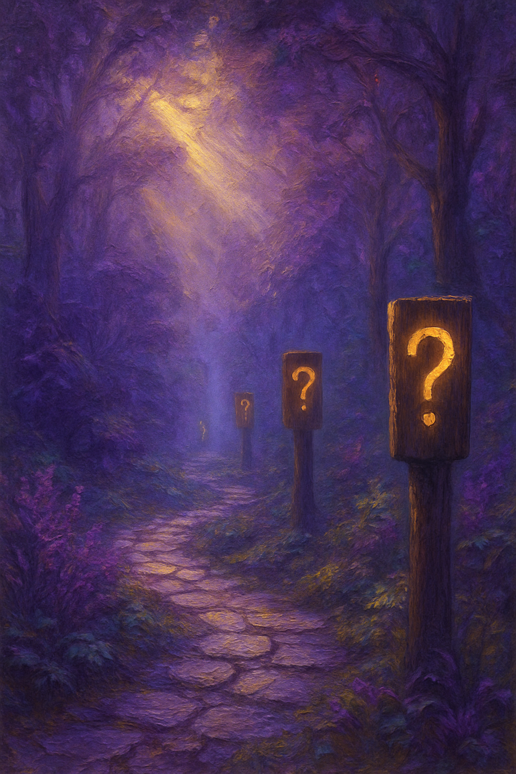 Un sendero en el bosque con postes que tienen signos de interrogación luminosos, para la sección de preguntas frecuentes.